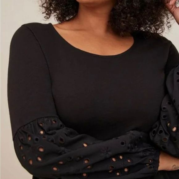 torrid Tops - Torrid Black Cotton Modal Slub Scoop Neck Eyelet Sleeve Inset Babydoll Top Sz 1X